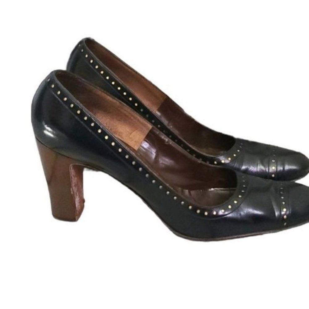 Vintage 70s Mod Palter Round Toe Black Gold Dot Pinup Rockabilly High Heals